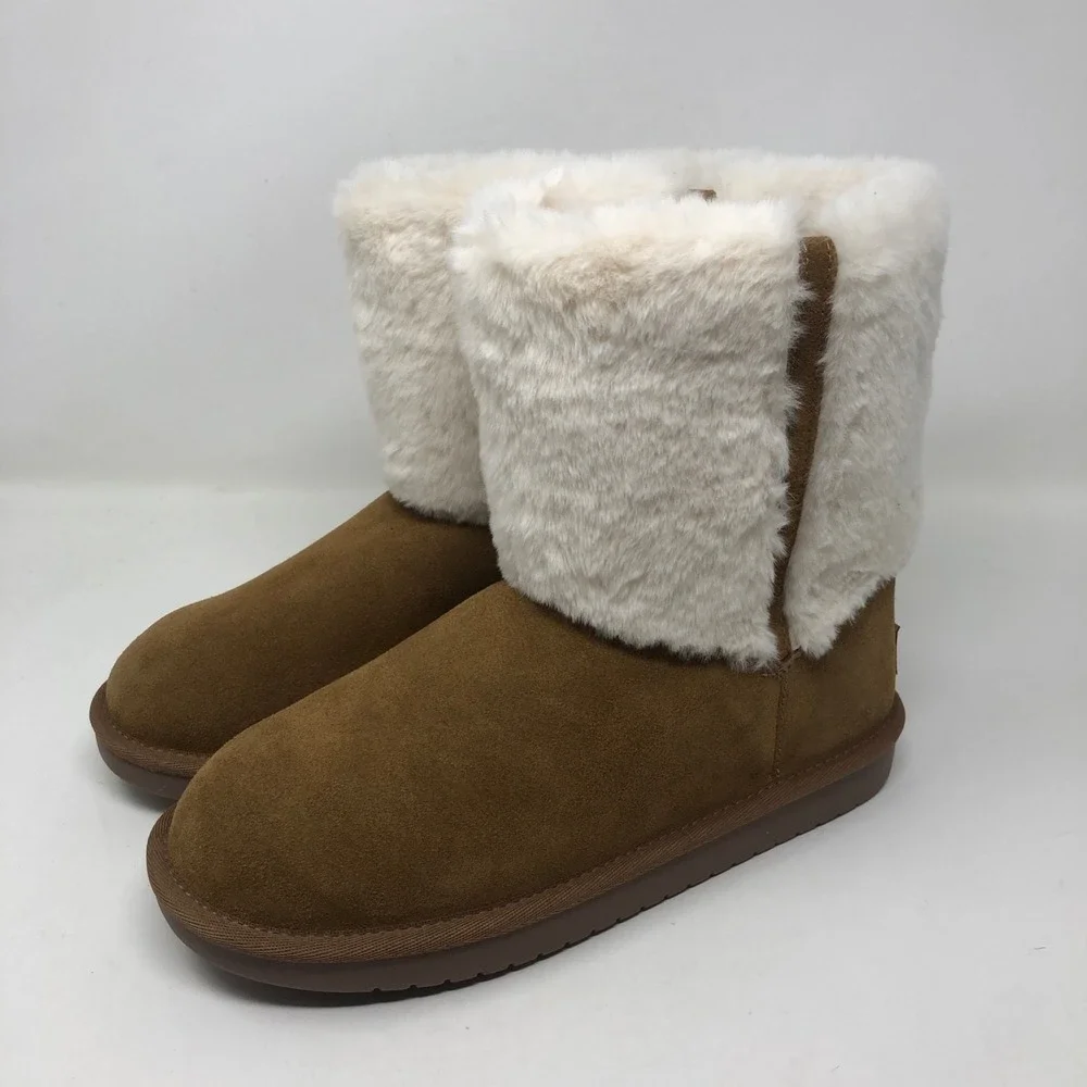 Koolaburra Bugg‎ Aubrei Short Boot Chestnut Beige Suede Faux Fur Lined Girls 4